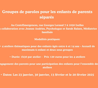 Groupes de paroles pour enfants de parents séparés- 1ère session: Janvier Février  2025